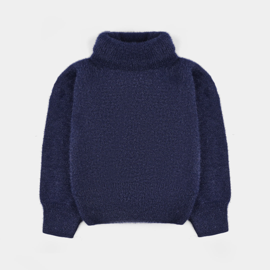 Girls Feather yarn Turtle Neck Sweater F/S Cobalt-Blue