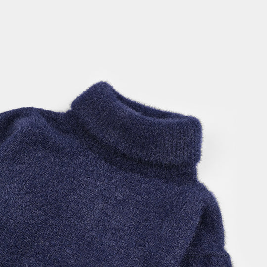 Girls Feather yarn Turtle Neck Sweater F/S Cobalt-Blue