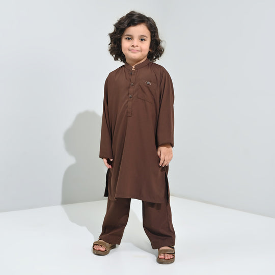 Boys Poly Viscose Kurta Pajama (Front PKT)-BROWN