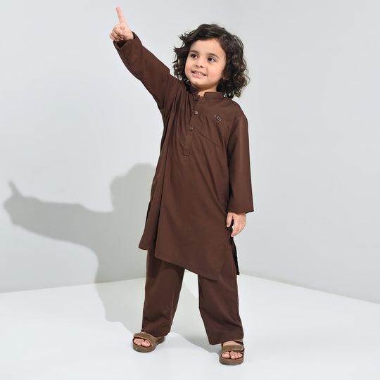 Boys Poly Viscose Kurta Pajama (Front PKT)-BROWN
