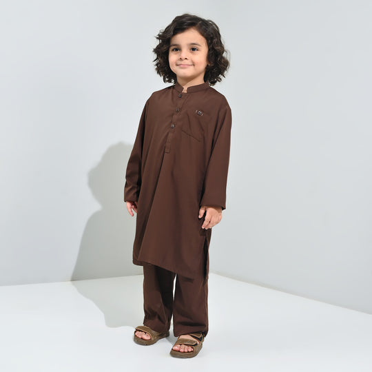 Boys Poly Viscose Kurta Pajama (Front PKT)-BROWN
