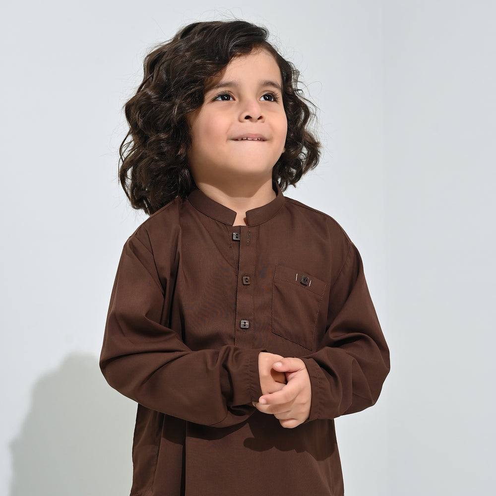 Boys Poly Viscose Kurta Pajama (Front PKT)-BROWN