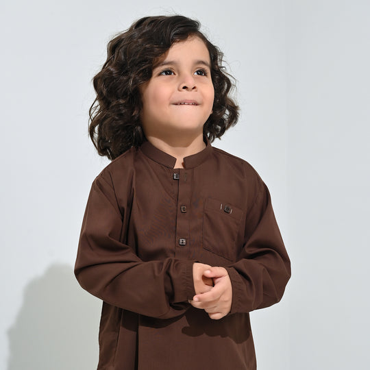 Boys Poly Viscose Kurta Pajama (Front PKT)-BROWN