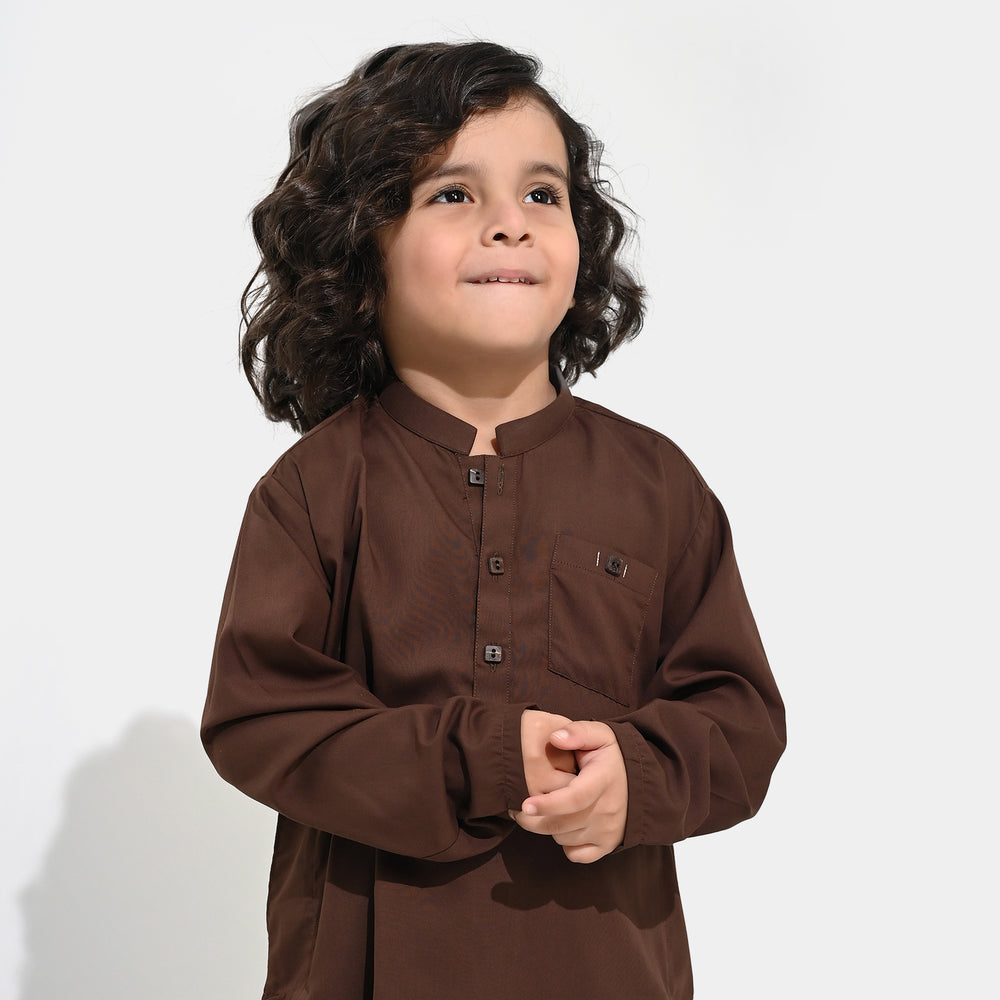 Boys Poly Viscose Kurta Pajama (Front PKT)-BROWN
