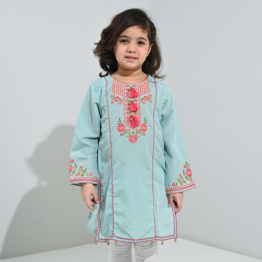 Girls poly cambric Emb Kurti Aqs-E-Bahar-Mint Green