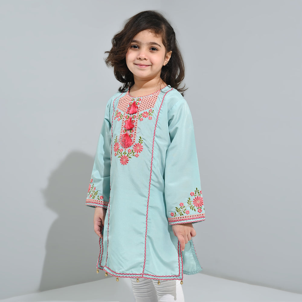 Girls poly cambric Emb Kurti Aqs-E-Bahar-Mint Green