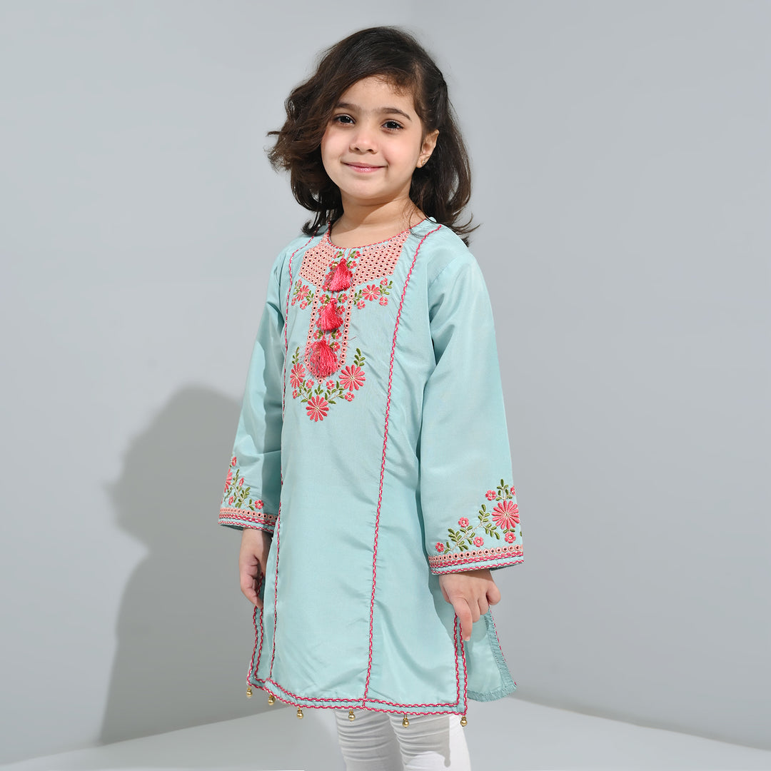 Girls poly cambric Emb Kurti Aqs-E-Bahar-Mint Green