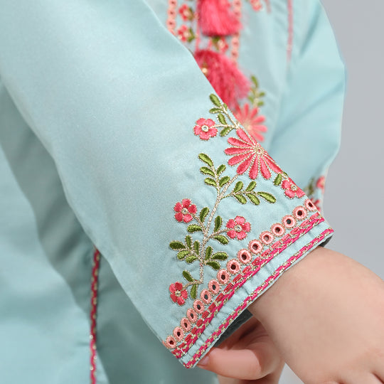 Girls poly cambric Emb Kurti Aqs-E-Bahar-Mint Green