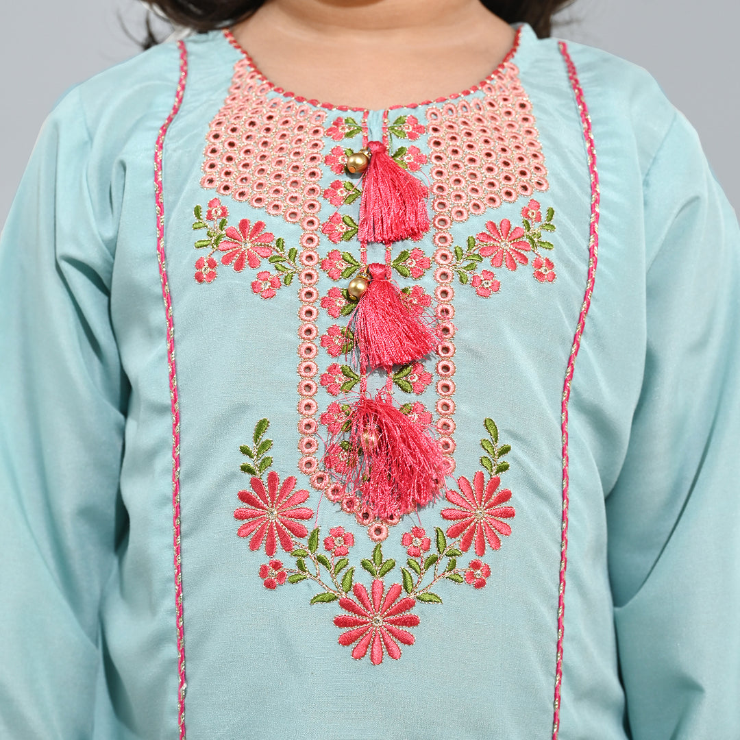 Girls poly cambric Emb Kurti Aqs-E-Bahar-Mint Green