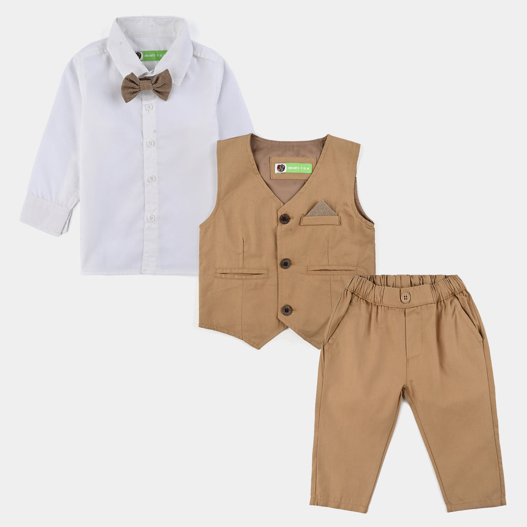Infant Boys Cotton Twill 3PC Suit-Sun Dust-Brown/White