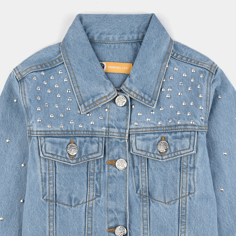 Girls Denim Stretch Woven Jacket Pearls-Light Blue