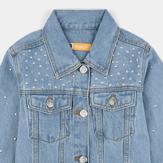 Girls Denim Stretch Woven Jacket Pearls-Light Blue