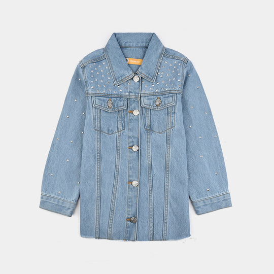 Girls Denim Stretch Woven Jacket Pearls-Light Blue
