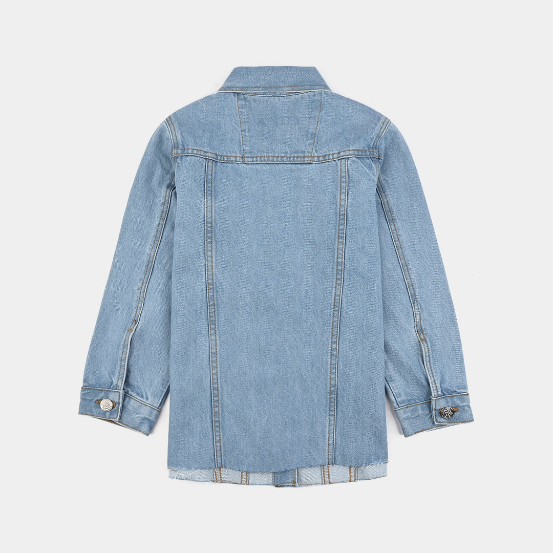 Girls Denim Stretch Woven Jacket Pearls-Light Blue