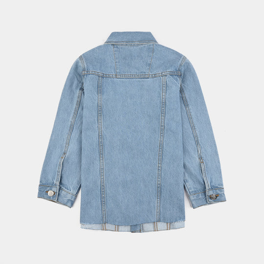 Girls Denim Stretch Woven Jacket Pearls-Light Blue