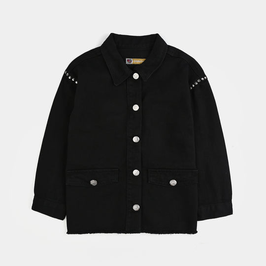 Girls Denim Stretch Woven Jacket Studs-BLACK