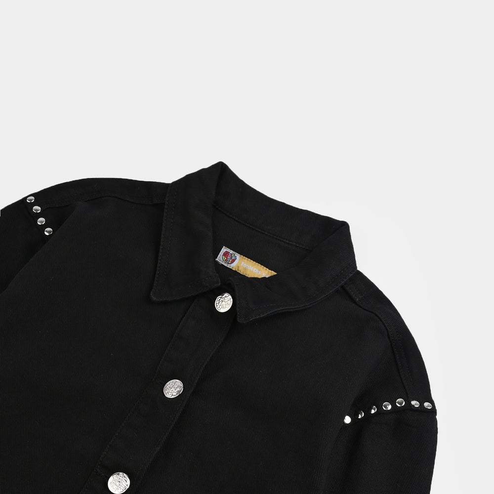 Girls Denim Stretch Woven Jacket Studs-BLACK