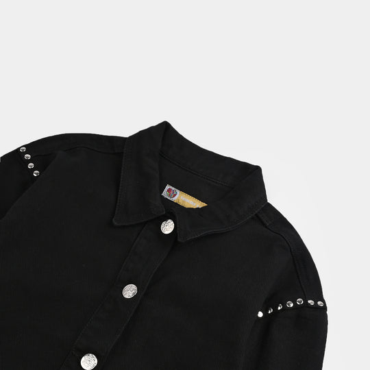 Girls Denim Stretch Woven Jacket Studs-BLACK