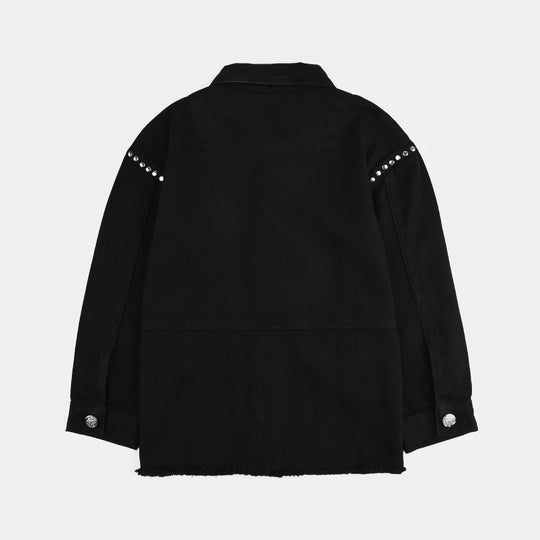 Girls Denim Stretch Woven Jacket Studs-BLACK
