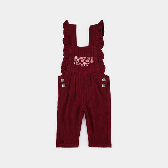 Infant Girls Corduroy Dangri Floral Yoke-MAROON