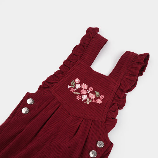 Infant Girls Corduroy Dangri Floral Yoke-MAROON