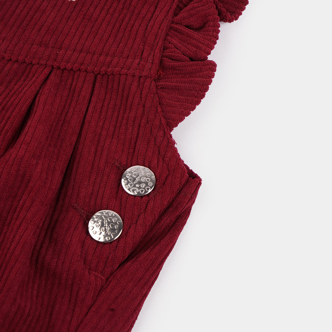 Infant Girls Corduroy Dangri Floral Yoke-MAROON