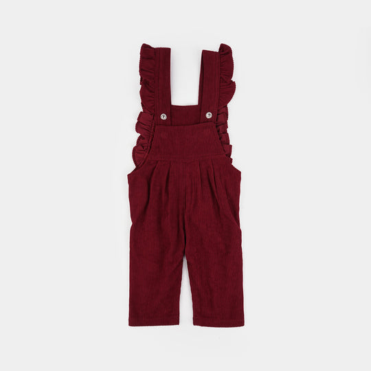 Infant Girls Corduroy Dangri Floral Yoke-MAROON