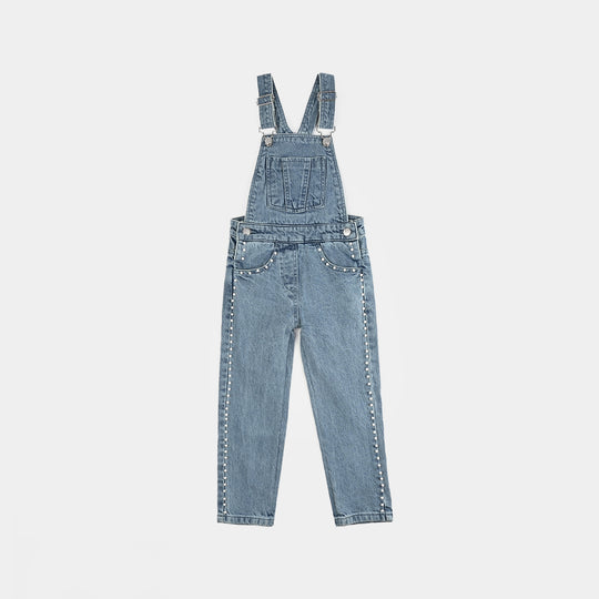 Girls Denim Stretch Dangri Pearls-Light Blue