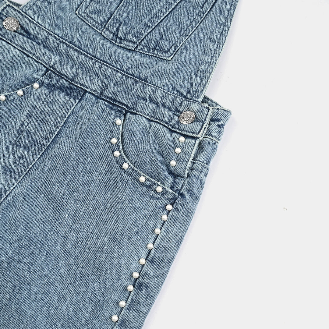 Girls Denim Stretch Dangri Pearls-Light Blue