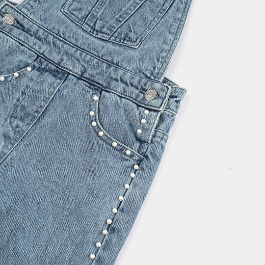 Girls Denim Stretch Dangri Pearls-Light Blue