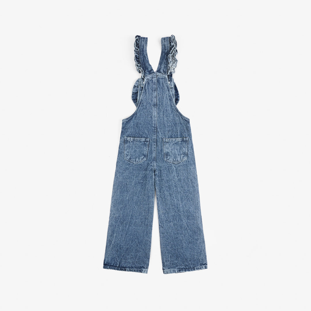 Girls Denim Stretch Dangri Bow-Mid Blue