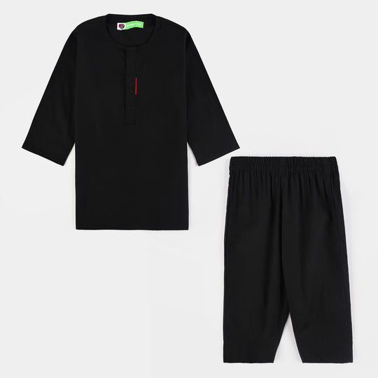 Infant Boys Cotton Poplin Kurta Pajama (Black Studs)-BLACK