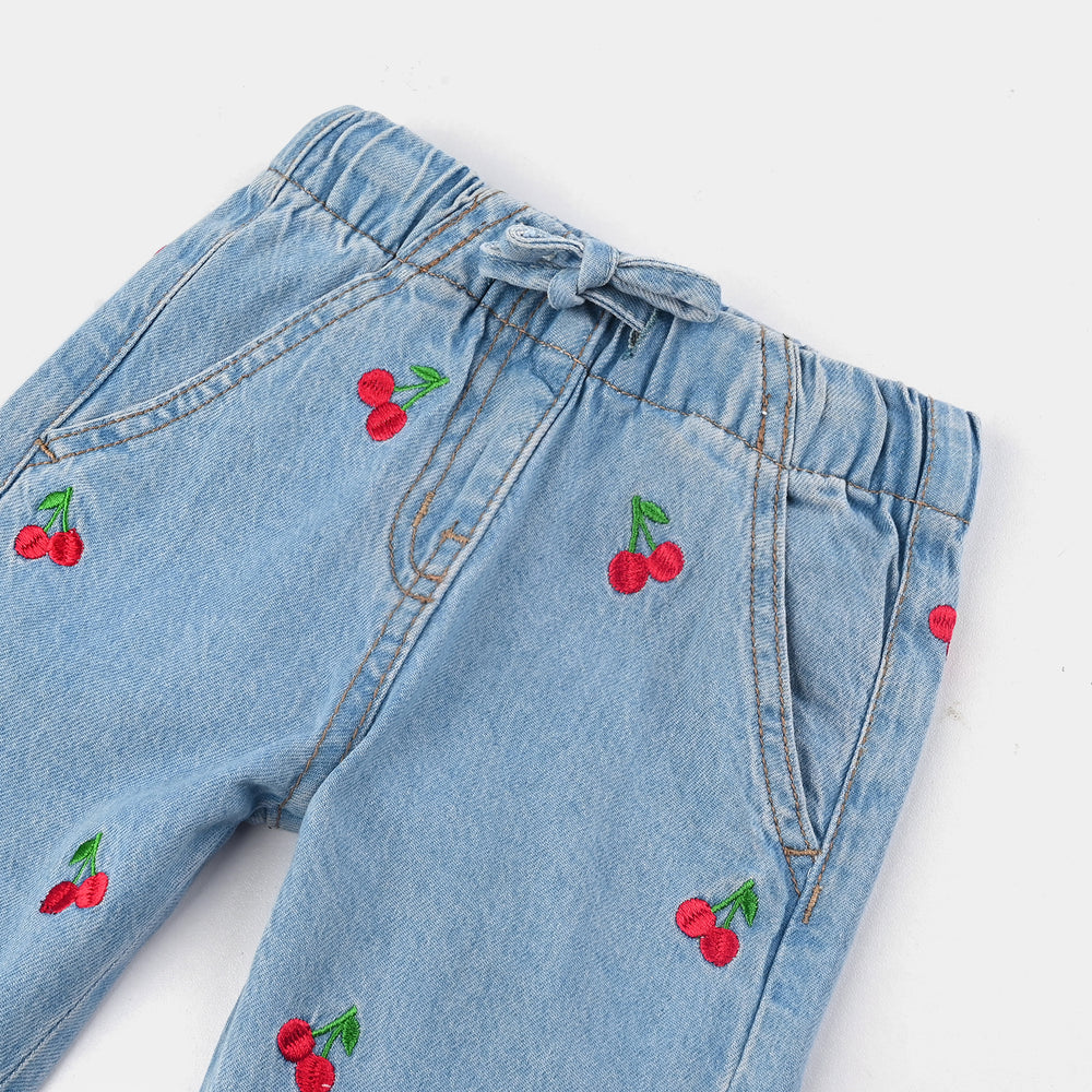 Infant Girls Denim Stretch Pant Cherry Emb-Light .Blue