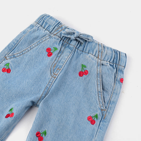 Infant Girls Denim Stretch Pant Cherry Emb-Light .Blue