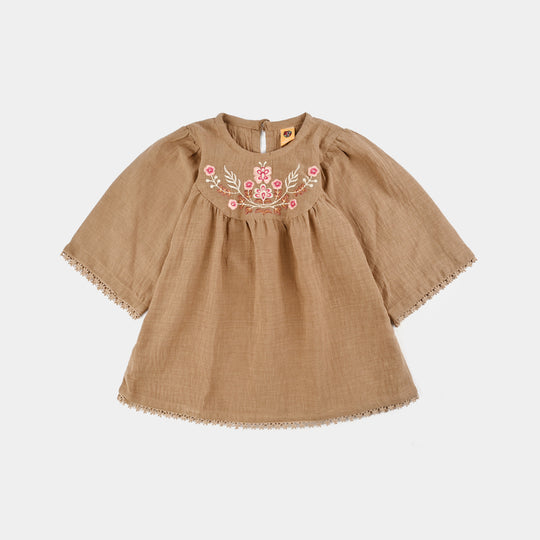 Girls Cotton Emb Top Pink Butter Fly-Sand