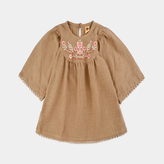 Girls Cotton Emb Top Pink Butter Fly-Sand