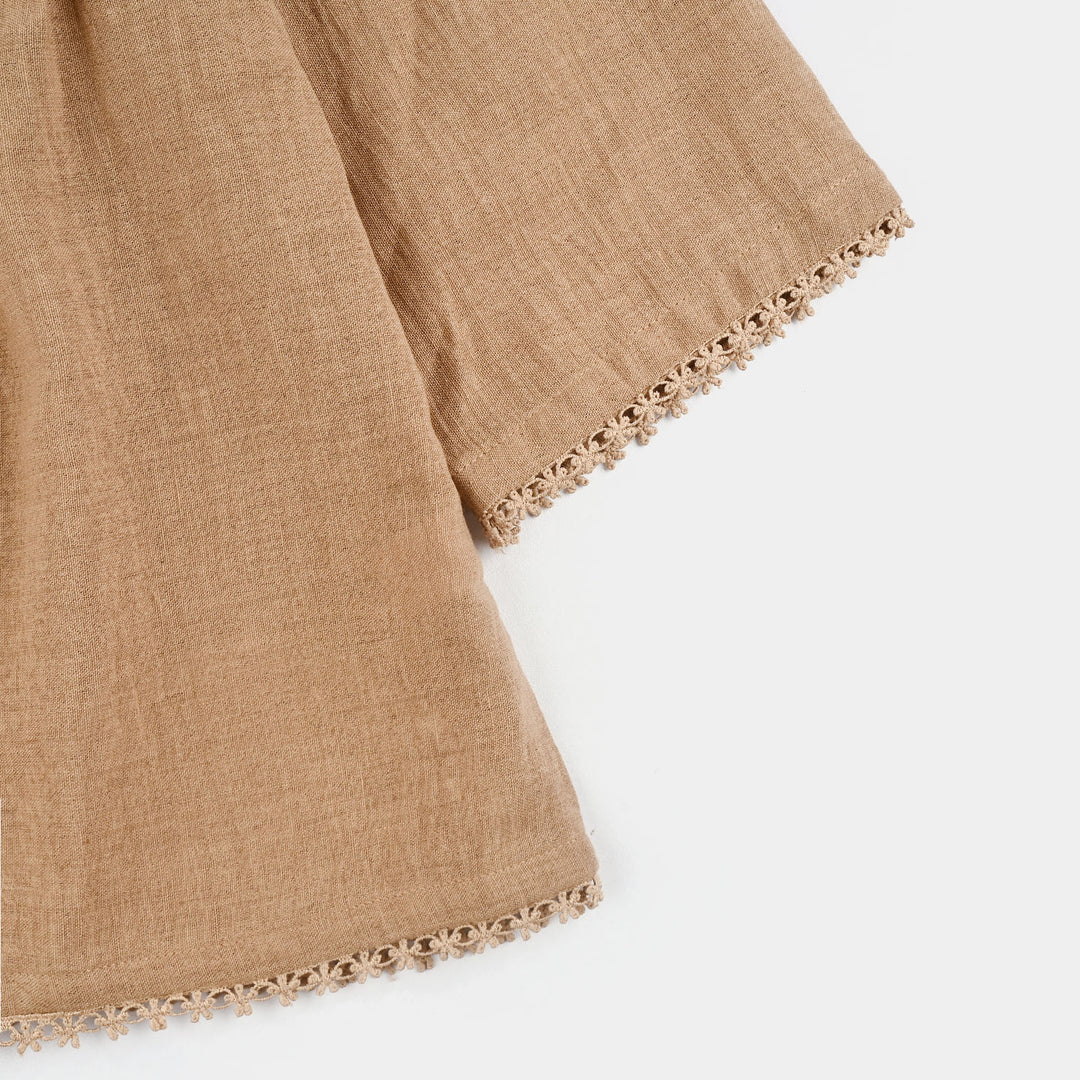 Girls Cotton Emb Top Pink Butter Fly-Sand