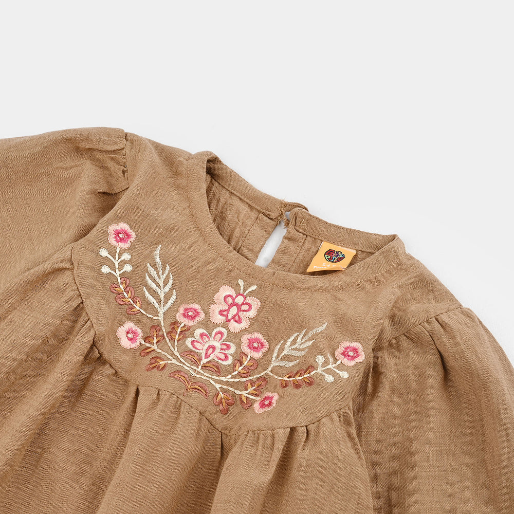 Girls Cotton Emb Top Pink Butter Fly-Sand