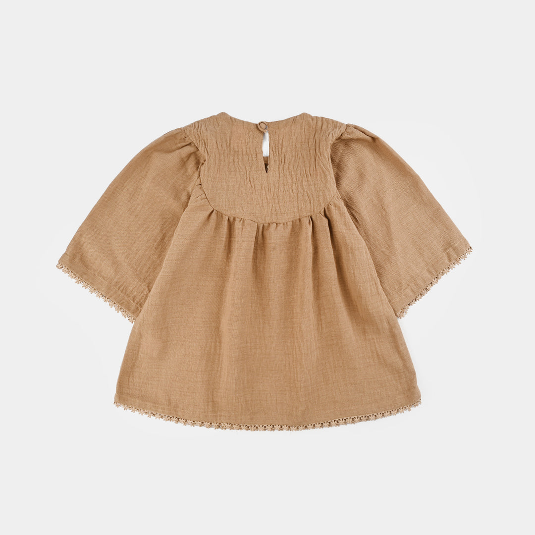 Girls Cotton Emb Top Pink Butter Fly-Sand