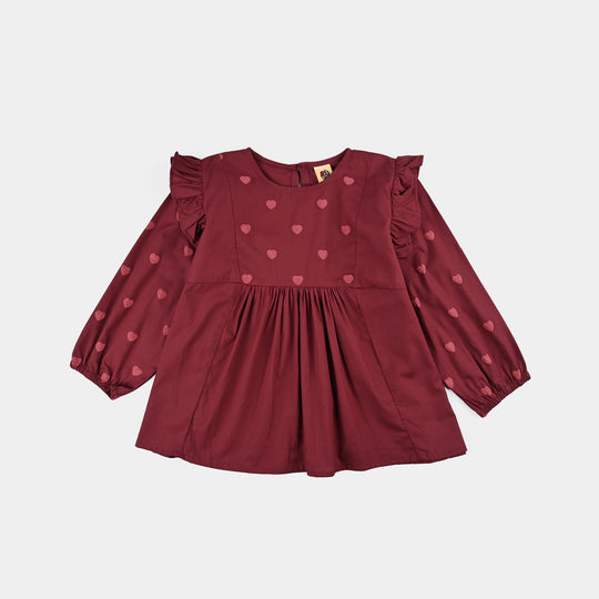 Girls Cotton Top Puffy Hearts-MAROON