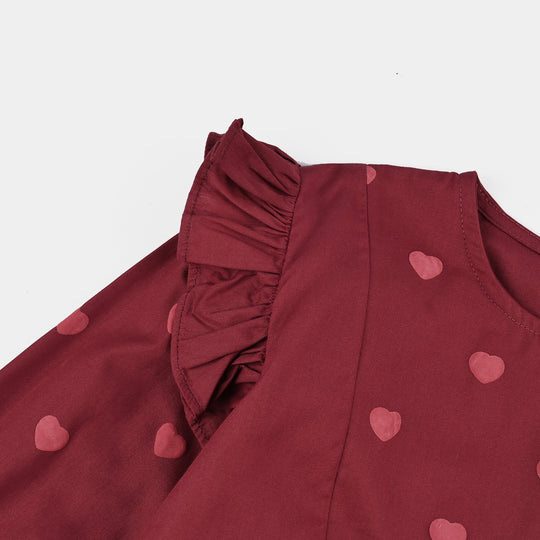 Girls Cotton Top Puffy Hearts-MAROON