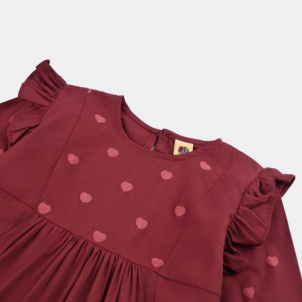 Girls Cotton Top Puffy Hearts-MAROON