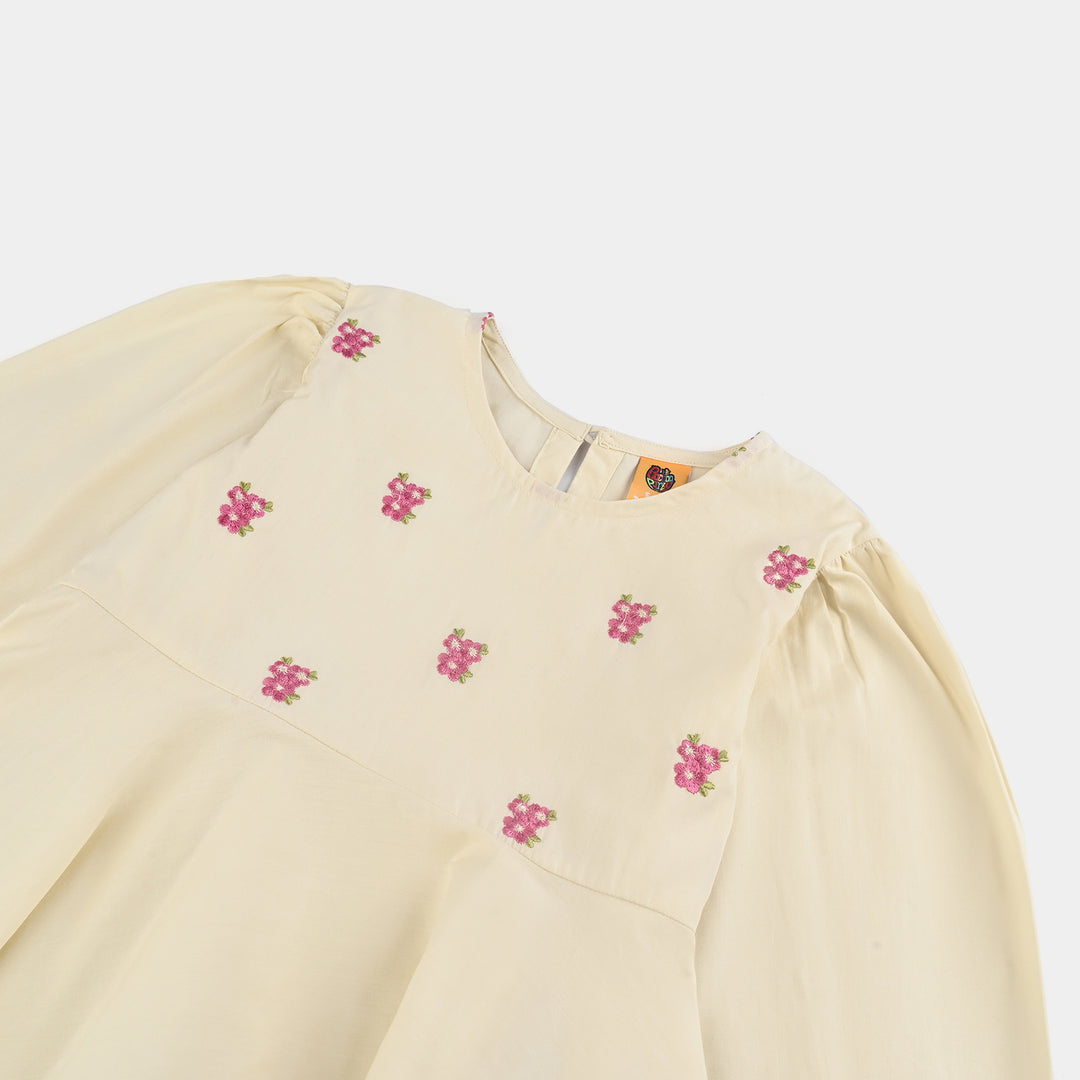 Girls Cotton Emb Co-Set White Swan-White