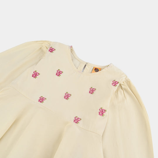 Girls Cotton Emb Co-Set White Swan-White