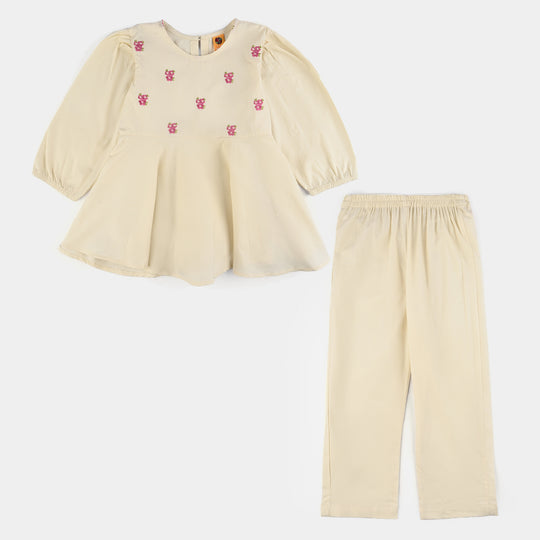 Girls Cotton Emb Co-Set White Swan-White