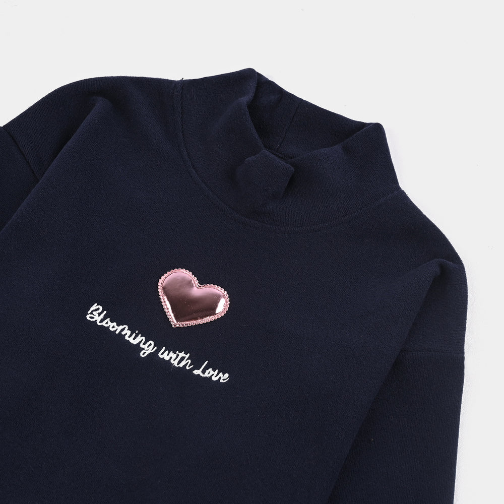 Girls Fleece Sweatshirt Blooming with Love-NAVY