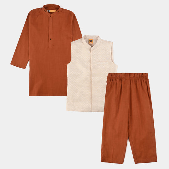 Boys Cotton Slub 3Piece Suit (Bombay Brown)-Rust