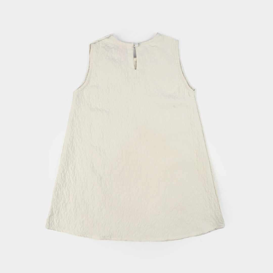 Girls Poly Net Casual Frock Bow-WHITE