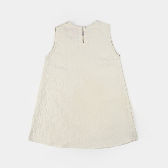 Girls Poly Net Casual Frock Bow-WHITE