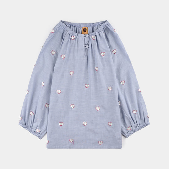 Girls Cotton Emb Top Blue Scalloped-Blue
